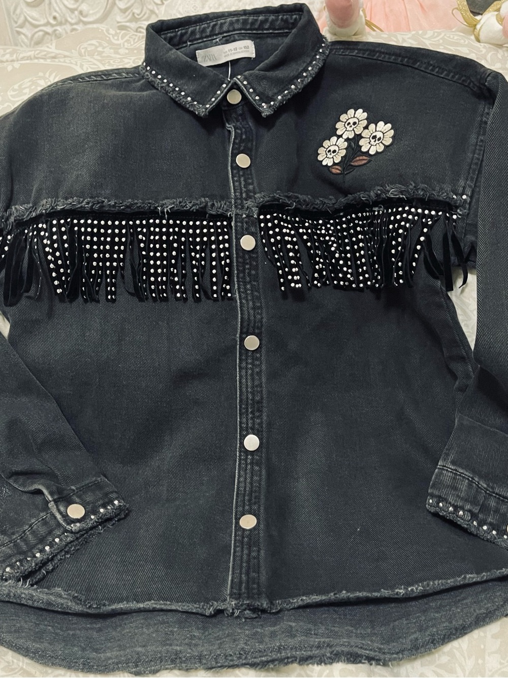 Zara Black Denim Fringe Shirt with Floral Patch and Studs